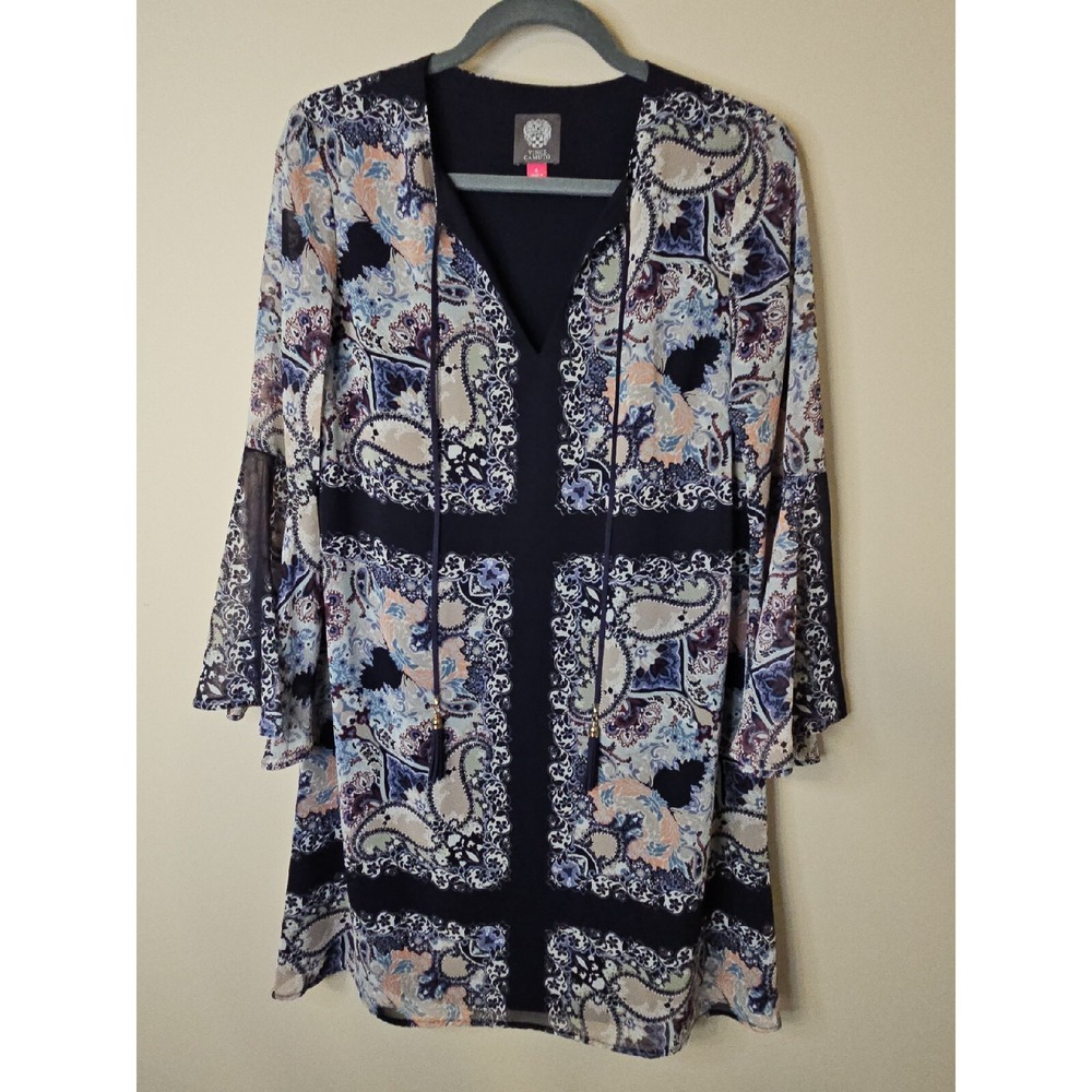 Vince Camuto Dress 6 Navy Paisley Print Sheer Bell Sleeve Lined Feminine Tassels
